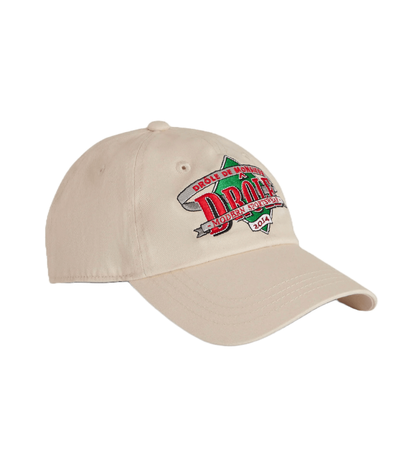 A DROLE DE MONSIEUR hat with a red and green embroidered logo on it.