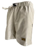 The Advisory Board Crystals Feldspar Ecru faux leather work shorts by ADVISORY BOARD CRYSTALS include an adjustable buckle belt and a small logo patch on the left leg.