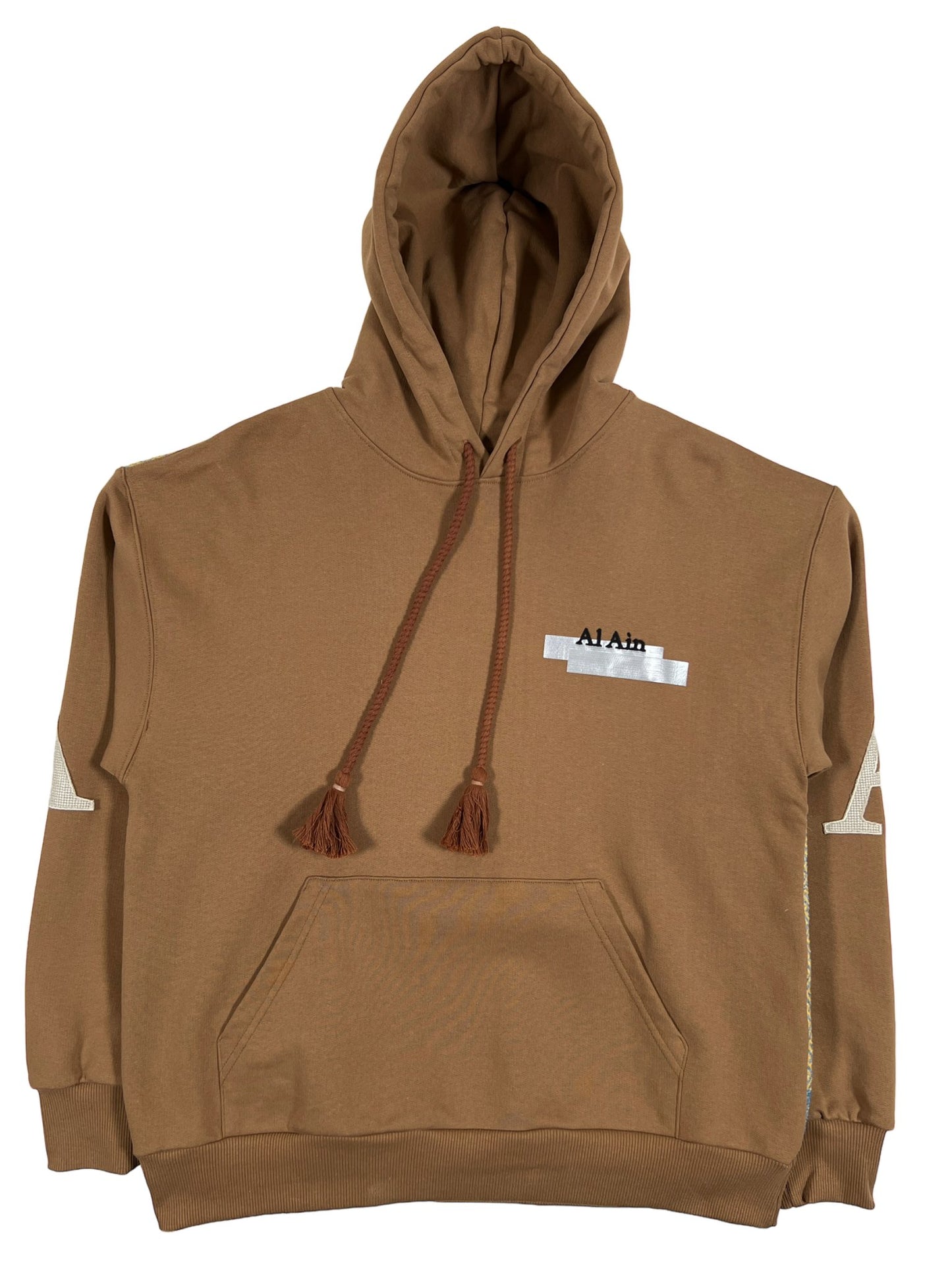 Brown AL AIN AHOX S102 PALMIER CHAMEAU hoodie with a front pocket and decorative tassels on the thick rope texture lace.