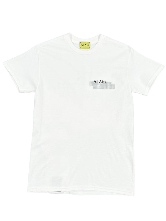 White short-sleeved graphic T-shirt featuring an "AL AIN AMHX S121 PEACOCK BLANC" text logo embroidered on the chest area from AL AIN.