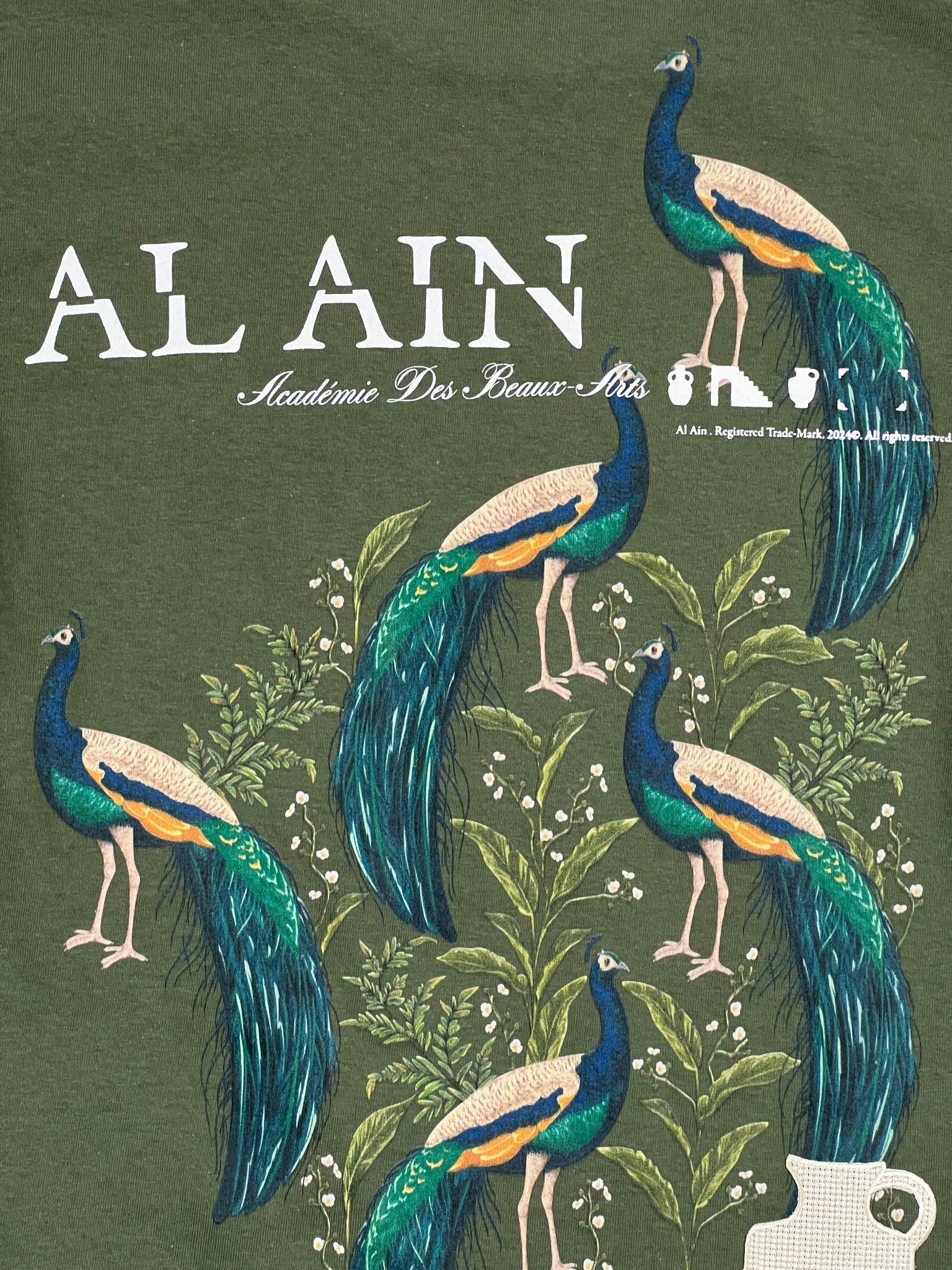 Al Ain AMHX S121 Peacock Militaire t-shirt by AL AIN, featuring an olive green color with the embroidered text "Académie Des Beaux-Arts" and an illustration of peacocks perched on branches.