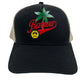 This stylish accessory, the BARROW S4BWUABC020 TRUCKER UNISEX, features a black baseball cap with "Barrow" in red cursive, a green palm tree graphic, and a yellow smiley face with fangs and black ears on the front. Tan mesh on the back half of the cap adds both comfort and flair.