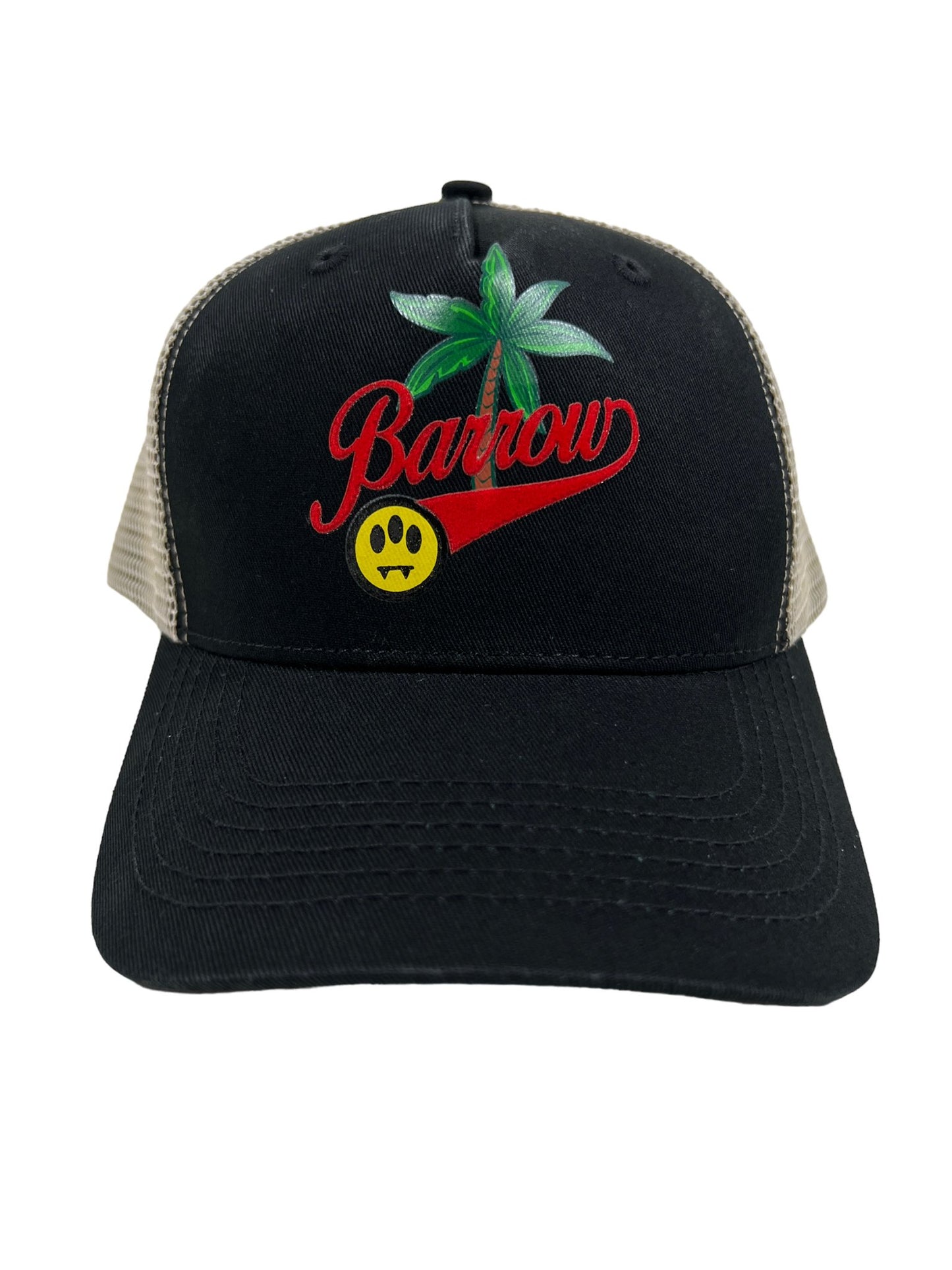 This stylish accessory, the BARROW S4BWUABC020 TRUCKER UNISEX, features a black baseball cap with "Barrow" in red cursive, a green palm tree graphic, and a yellow smiley face with fangs and black ears on the front. Tan mesh on the back half of the cap adds both comfort and flair.