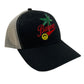 Black and beige mesh BARROW S4BWUABC020 TRUCKER UNISEX hat with a green palm tree, red script text reading “Barrow,” and a yellow smiley face logo on the front, making it a stylish accessory for any casual outfit.