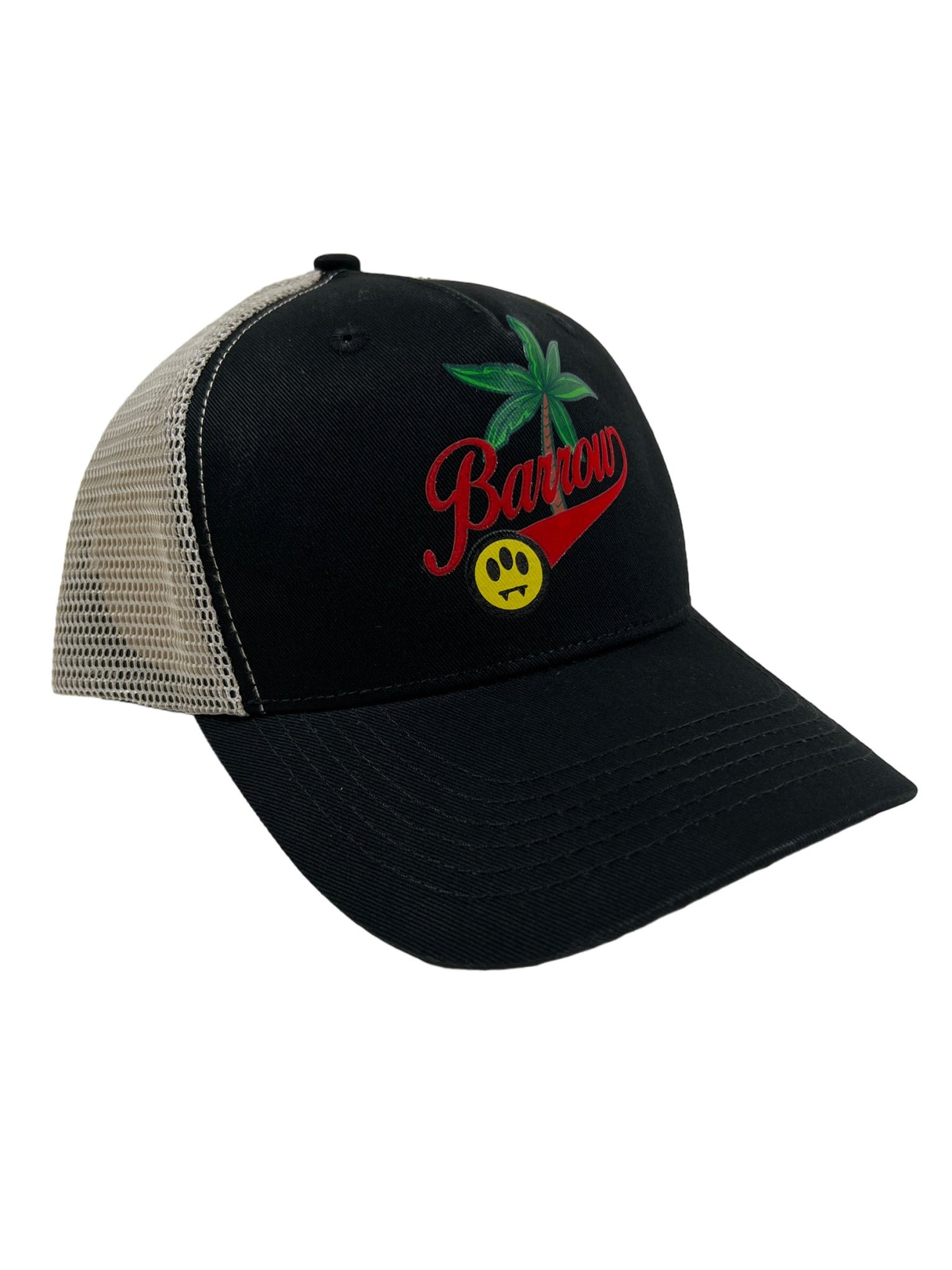 Black and beige mesh BARROW S4BWUABC020 TRUCKER UNISEX hat with a green palm tree, red script text reading “Barrow,” and a yellow smiley face logo on the front, making it a stylish accessory for any casual outfit.