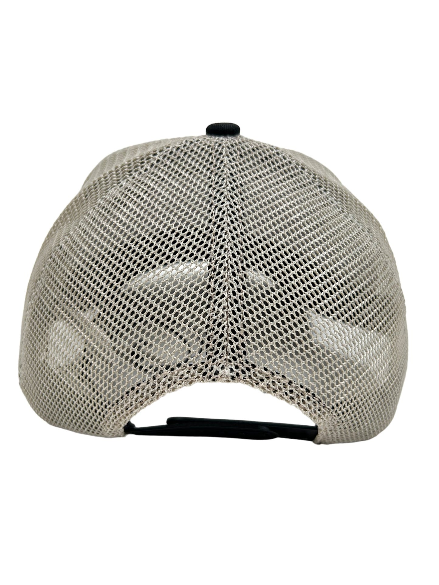 Rear view of a beige BARROW S4BWUABC020 TRUCKER UNISEX hat featuring a mesh back and a black adjustable strap, making it a stylish accessory for any outfit.