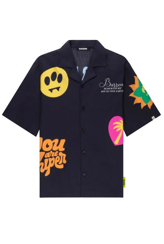 A BARROW navy blue short-sleeved poplin shirt featuring a smiley face, text, and other multicolor graphics.