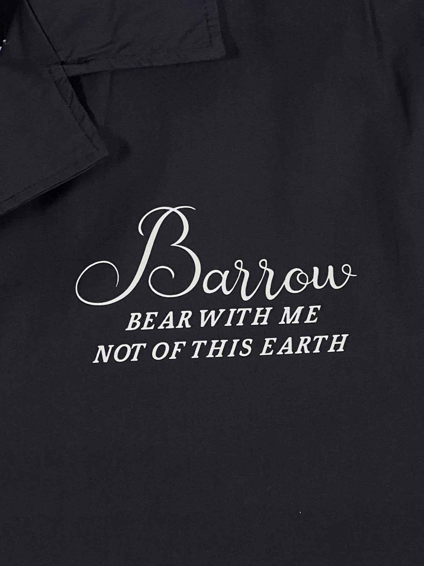 BARROW S4BWUASI059 POPELINE SHIRT UNISEX with white cursive and block lettering that reads "barrow - bear with me - not of this earth".