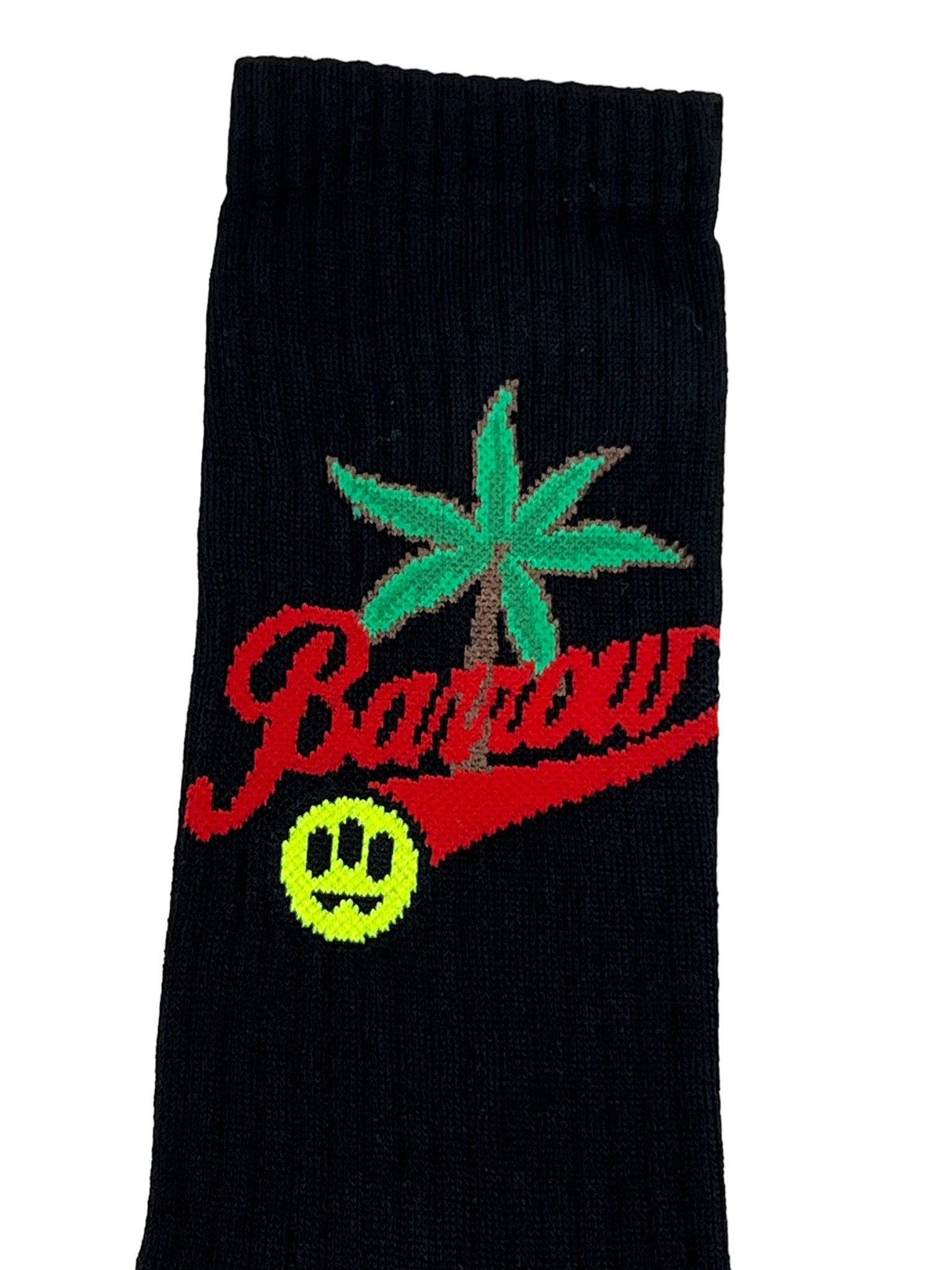 Discover our Barrow S4BWUASO024 Socks Unisex in black, showcasing a palm tree graphic, red "Barrow" cursive text, and a yellow smiley face. These stylish socks from BARROW ensure all-day comfort for your feet.