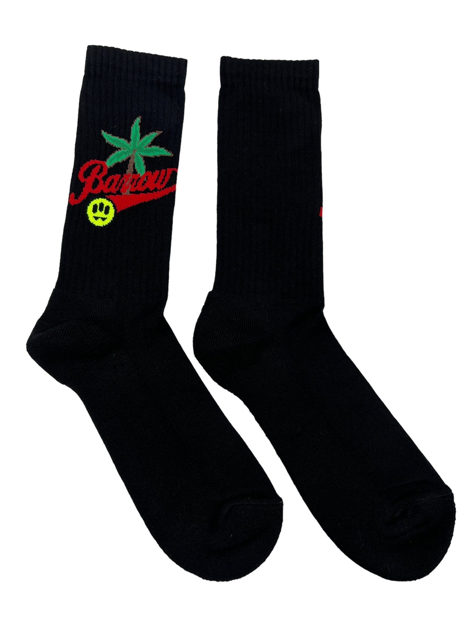 Step into comfort and style with Barrow S4BWUASO024 unisex black socks by BARROW. Featuring palm tree graphics, the word "Barrow," a smiley face, and striking red accents, these high-quality socks perfectly blend fun and function.