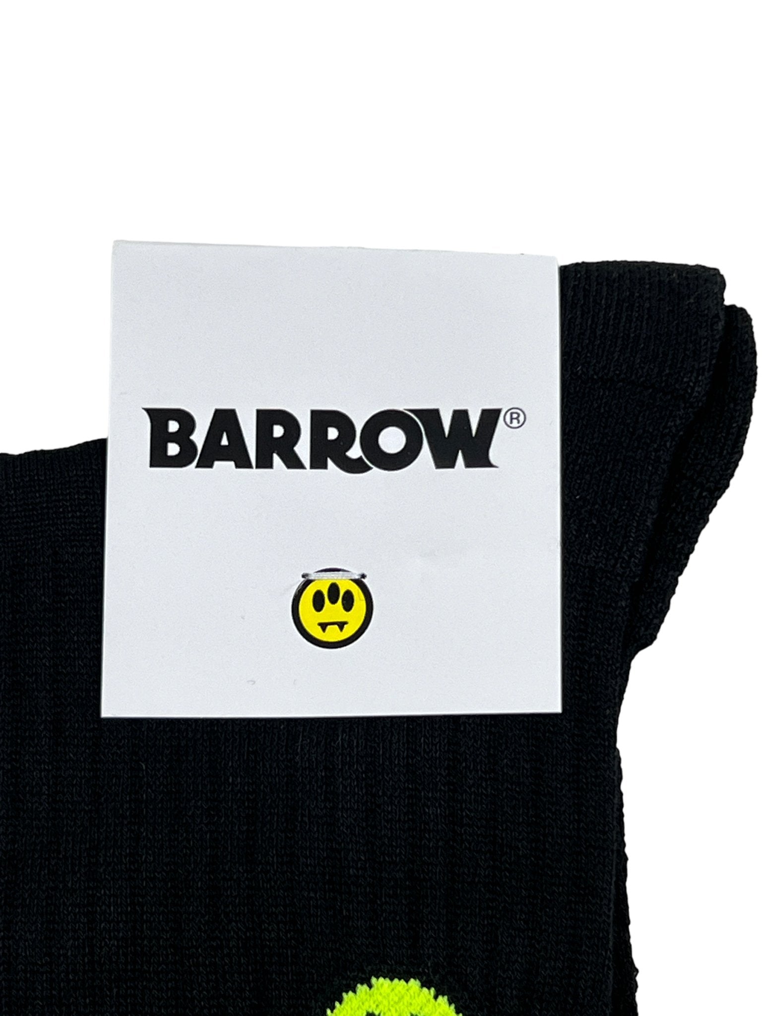The Barrow S4BWUASO024 Unisex Socks feature a premium black design, accented with a white tag displaying "BARROW" and a small yellow smiley face, combining style and comfort.