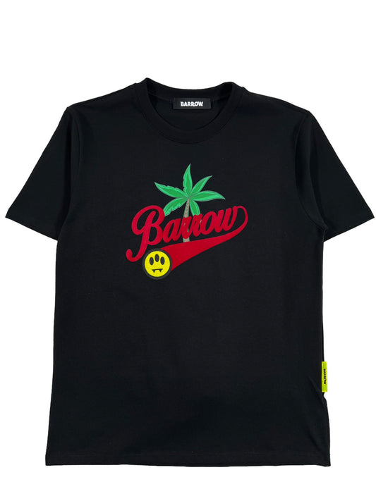 BARROW S4BWUATH036 JERSEY T-SHIRT UNISEX with a green cannabis leaf, the word "BARROW," and a yellow smiley face design. Made In Italy and crafted from 100% Cotton.