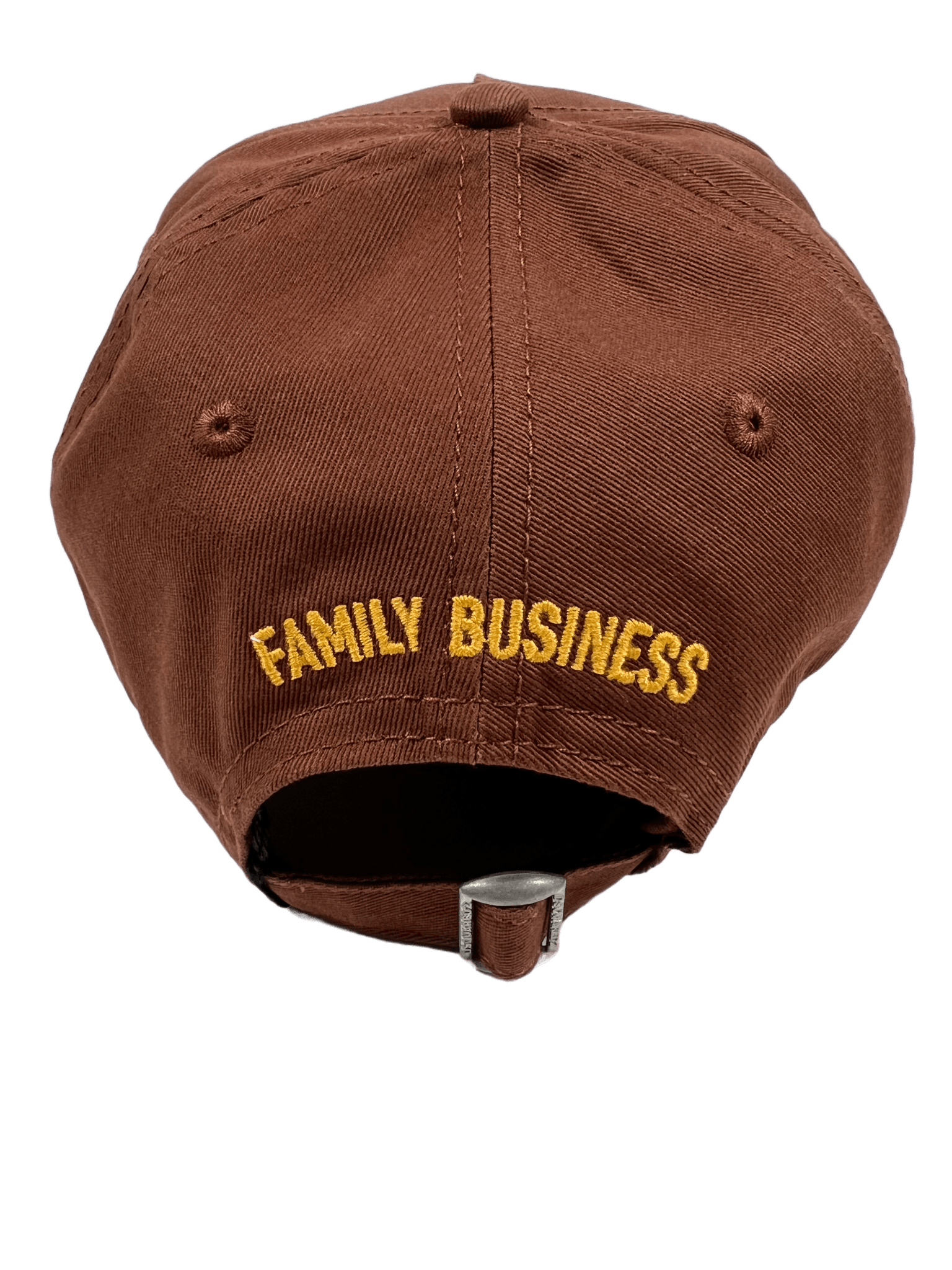 A brown DSQUARED2 BCM0611 BASEBALL CAP GABARDINE-NOCCIOLA with the word "family business" embroidered on it.