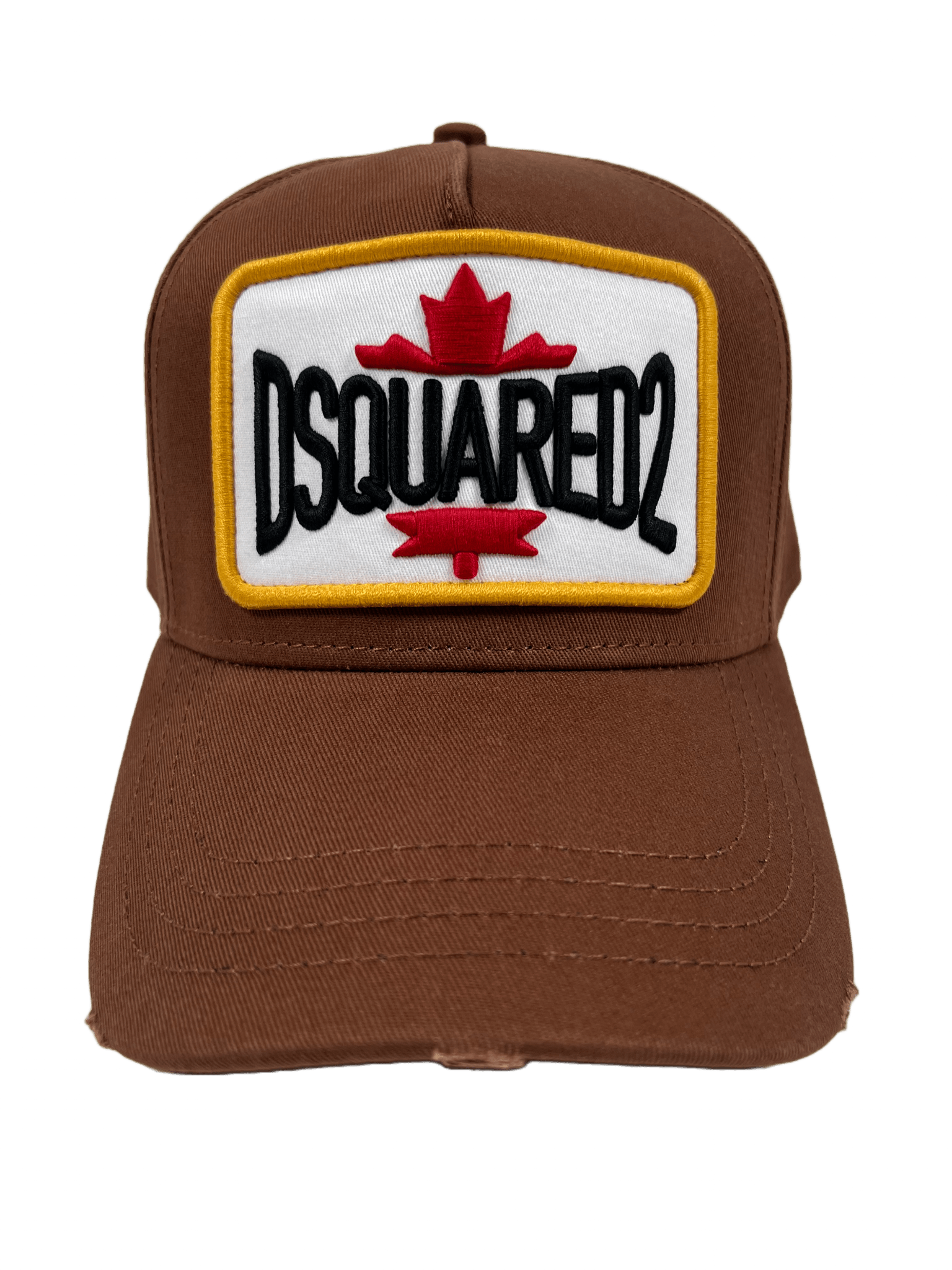 A brown DSQUARED2 BCM0611 BASEBALL CAP GABARDINE-NOCCIOLA embroidered with the word DSQUARED2 on it.
