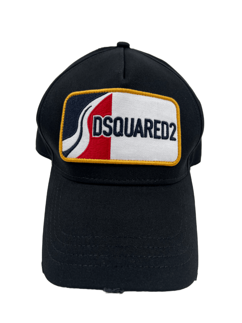 An embroidered black hat with the DSQUARED2 BCM0624 D2 PATCH CAP GABARDINE on it.