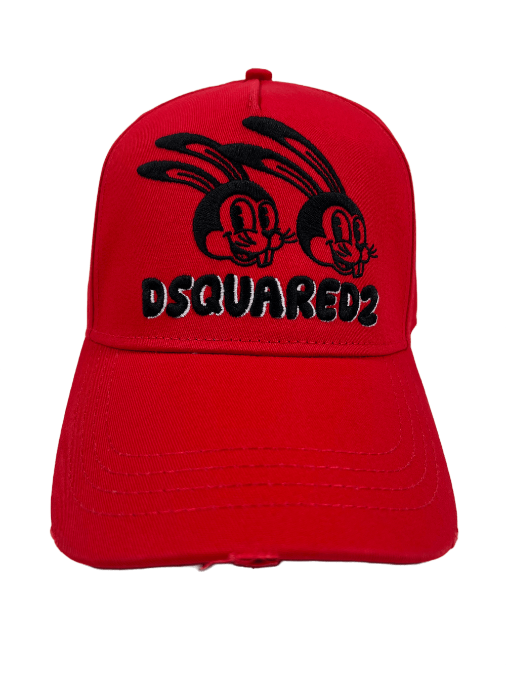 A red DSQUARED2 BCM0670 BASEBALL CAP GABARDINE-ROSSO with two black bunnies embroidered on it.