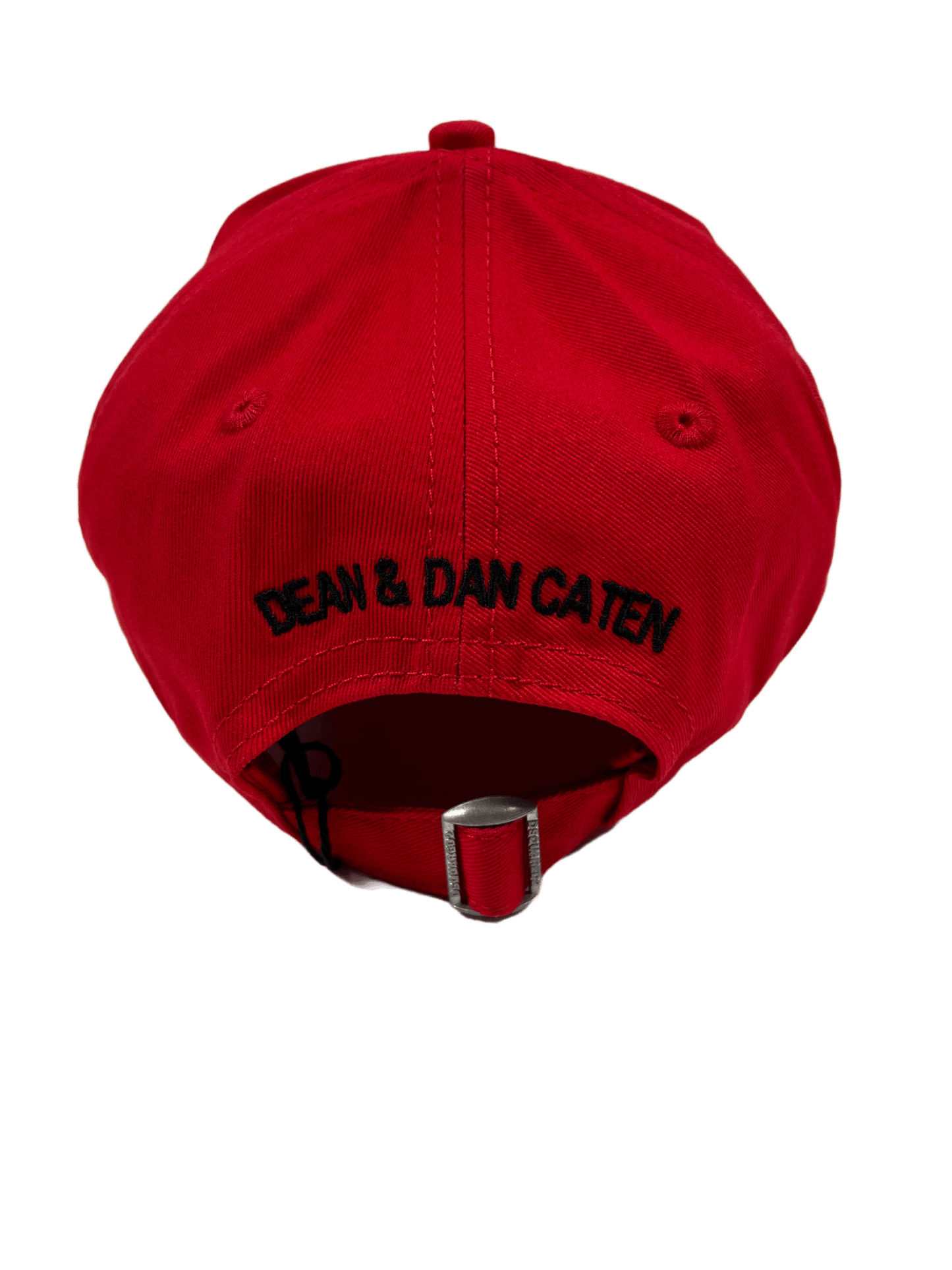 A red cotton hat with the words DSQUARED2 embroidered on it.