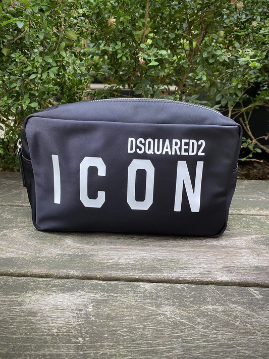 A black DSQUARED2 BYM0015 beauty bag with white text on it.