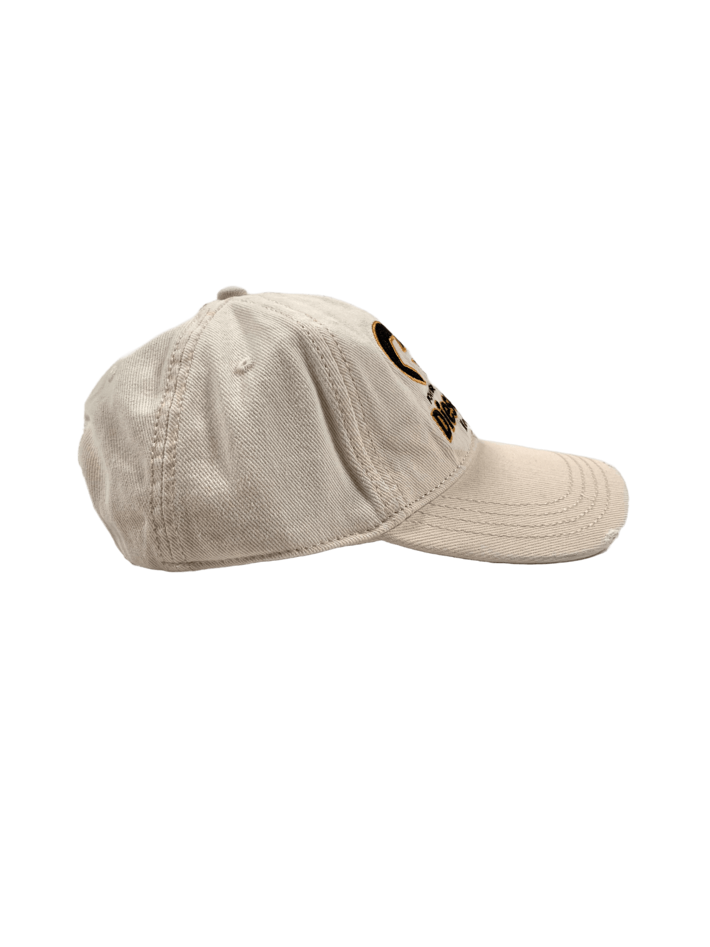 A beige Diesel C-Syom hat with a logo on it.