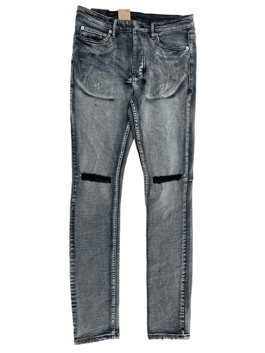 A pair of Ksubi men's denim jeans with ripped knees, model MPF22DJ016. 
The product name and brand name should be replaced with:
A pair of KSUBI CHITCH HYPNOTIZE TRASHED DENIM men's denim jeans with ripped knees, model MPF22DJ016.