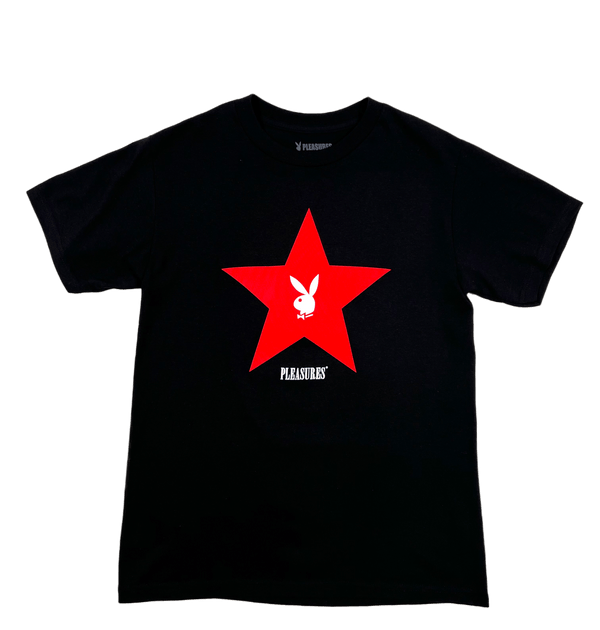 A PLEASURES black sweatshirt with a red star and a bunny graphic on it.