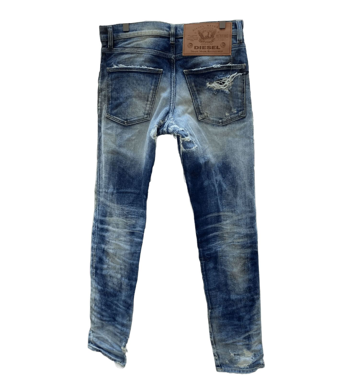 A pair of faded jeans with a DIESEL D-KRAS-X-SP4 09VI DENIM label on them.