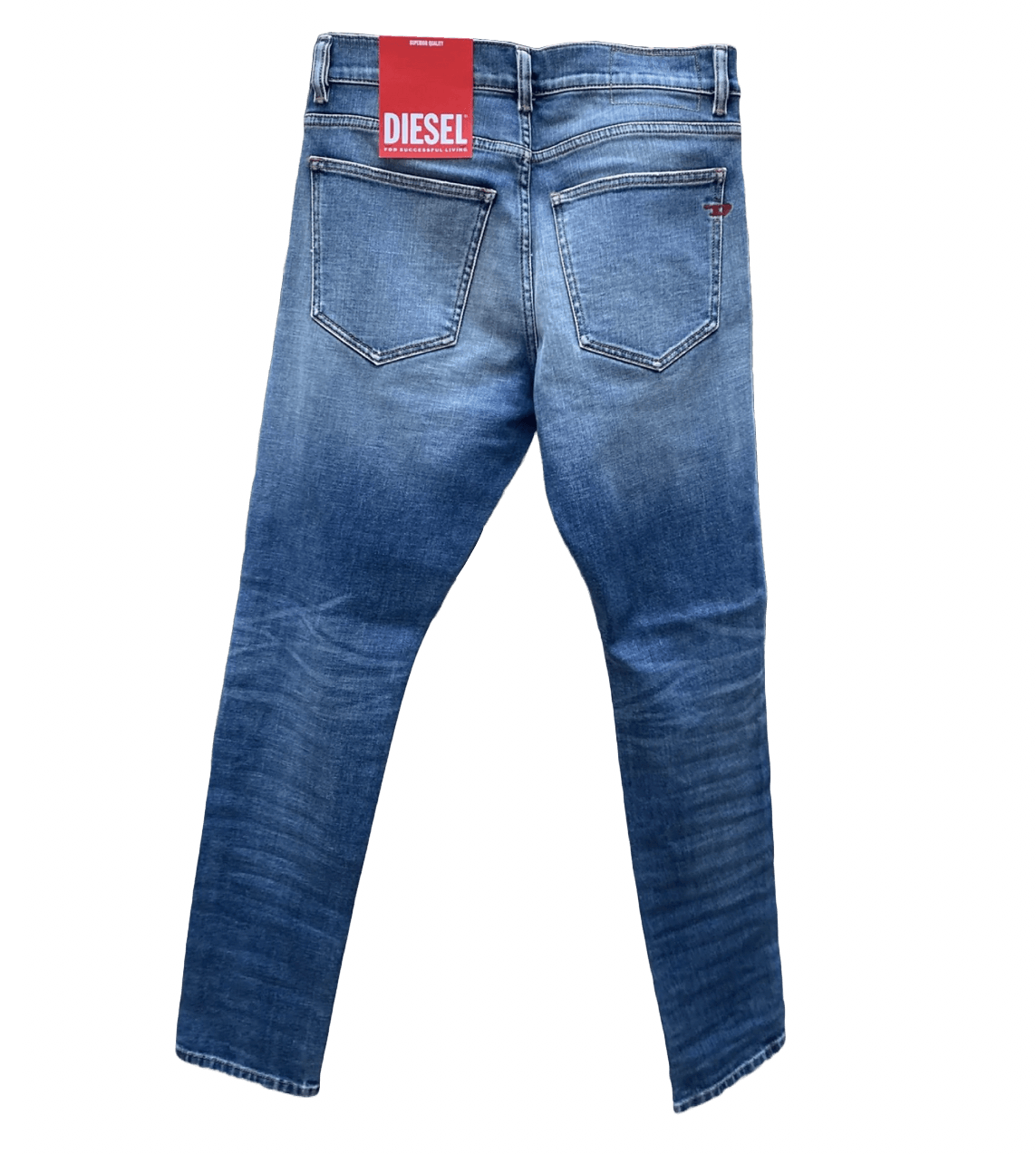 A pair of light blue DIESEL D-STRUKT 9C87 DENIM jeans with a label on the back.