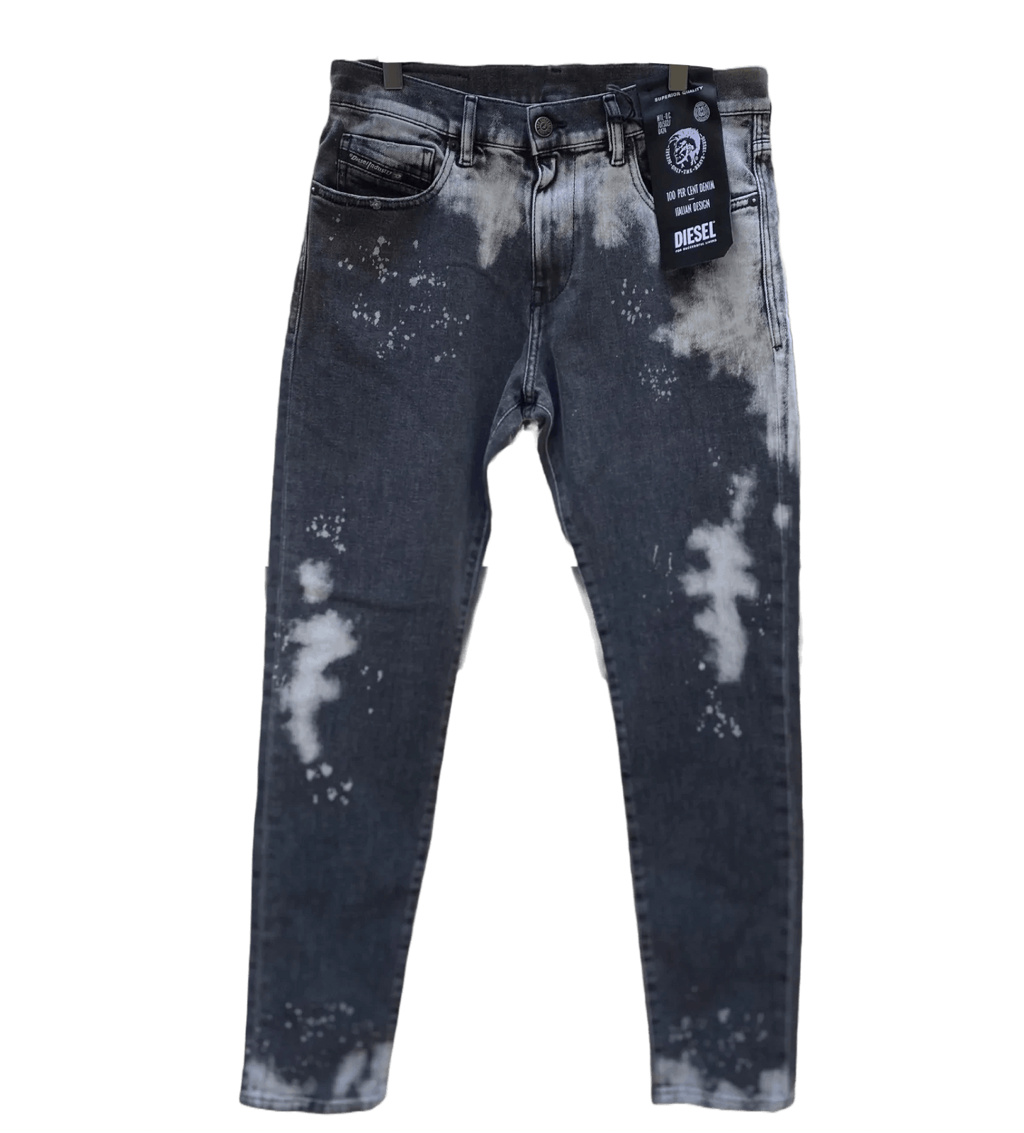 A pair of black and grey faded DIESEL D-STRUKT-SP17 09RE jeans with splatters on them.