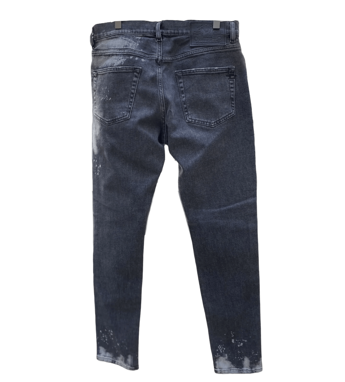 A pair of grey faded DIESEL D-STRUKT-SP17 09RE jeans with holes in them.
