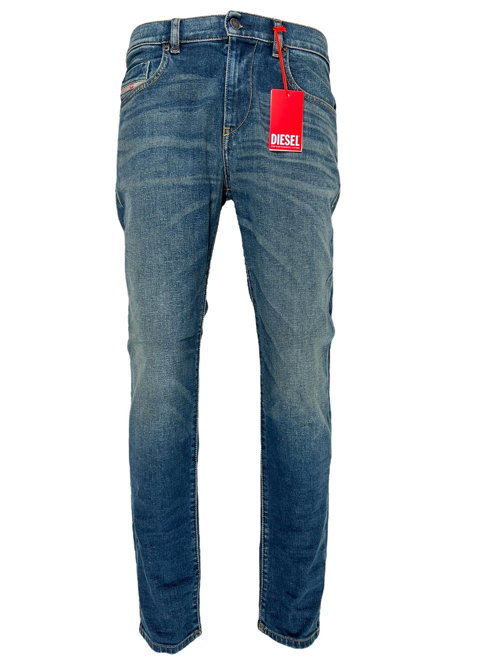 A pair of DIESEL 1979 SLEENKER 9H69 DENIM skinny style jeans with a red tag on them.