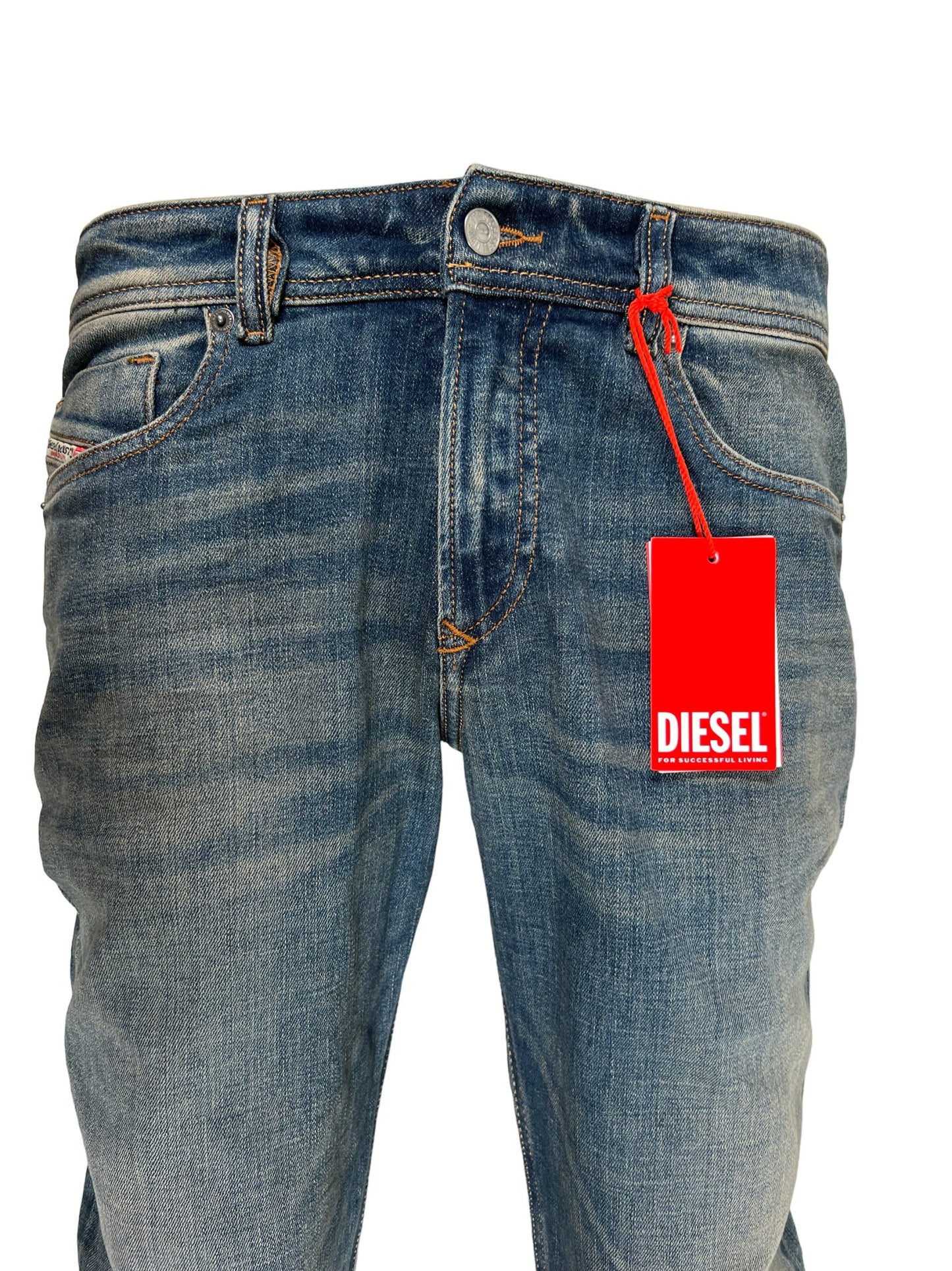 A pair of DIESEL 2019 D-STRUKT 9H49 DENIM jeans with a red tag on them.