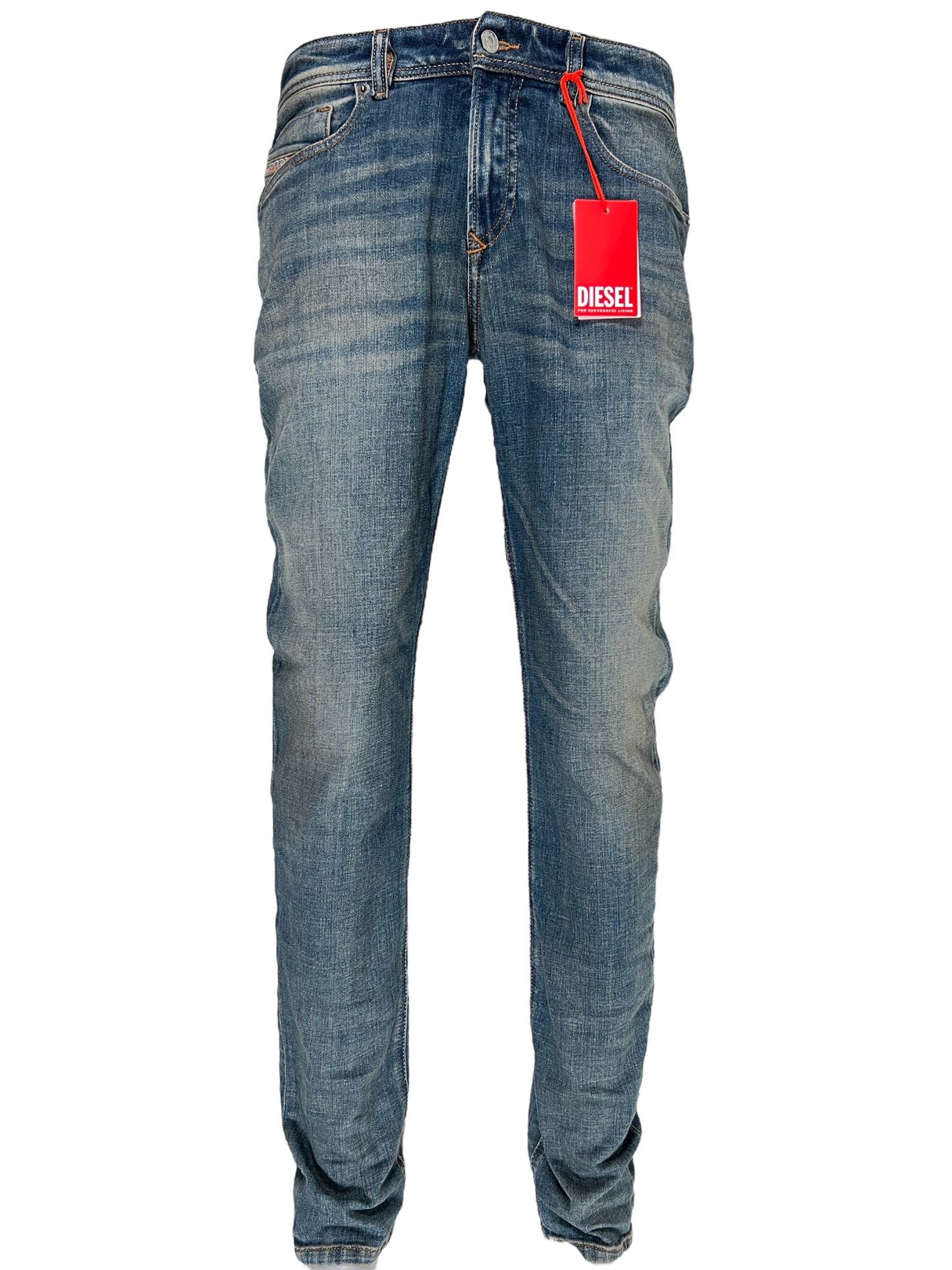 A pair of DIESEL 2019 D-STRUKT 9H49 DENIM slim fit jeans with a red tag on them.