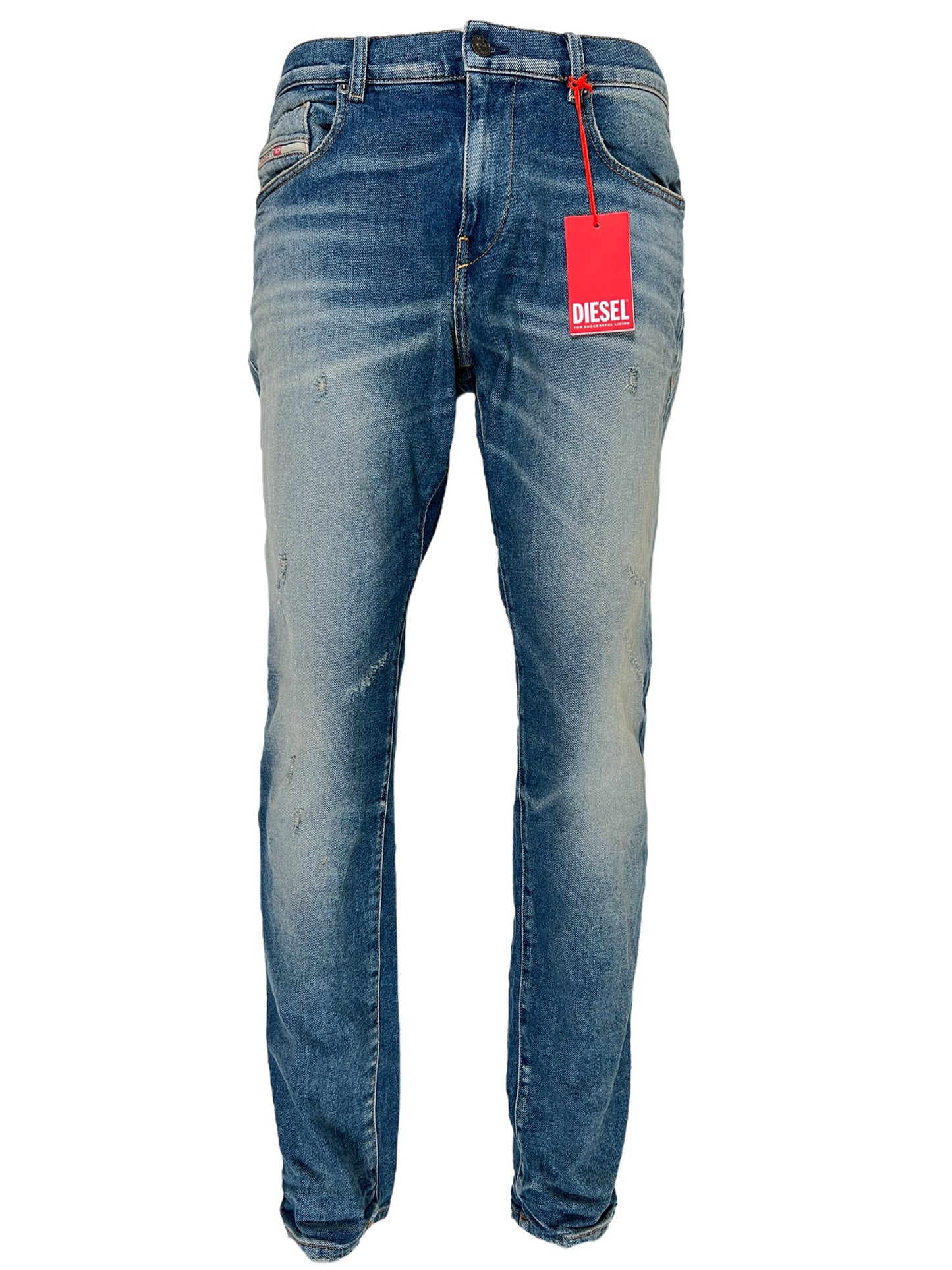 A pair of DIESEL 2019 D-STRUKT 9H55 DENIM slim fit jeans with a tag on them.