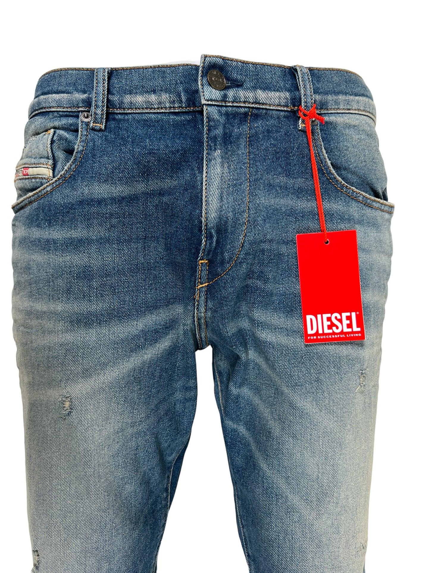 A pair of DIESEL 2019 D-STRUKT 9H55 DENIM slim fit jeans with a red tag on them.