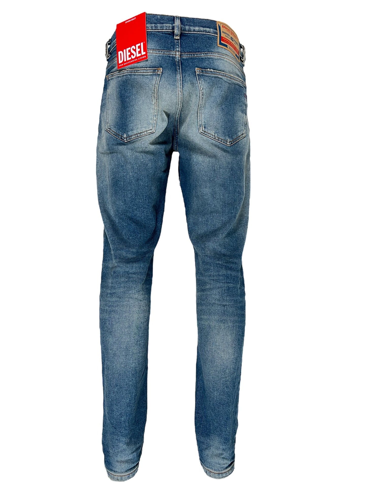 A pair of DIESEL 2019 D-STRUKT 9H55 DENIM slim-fit jeans with a label on the back.