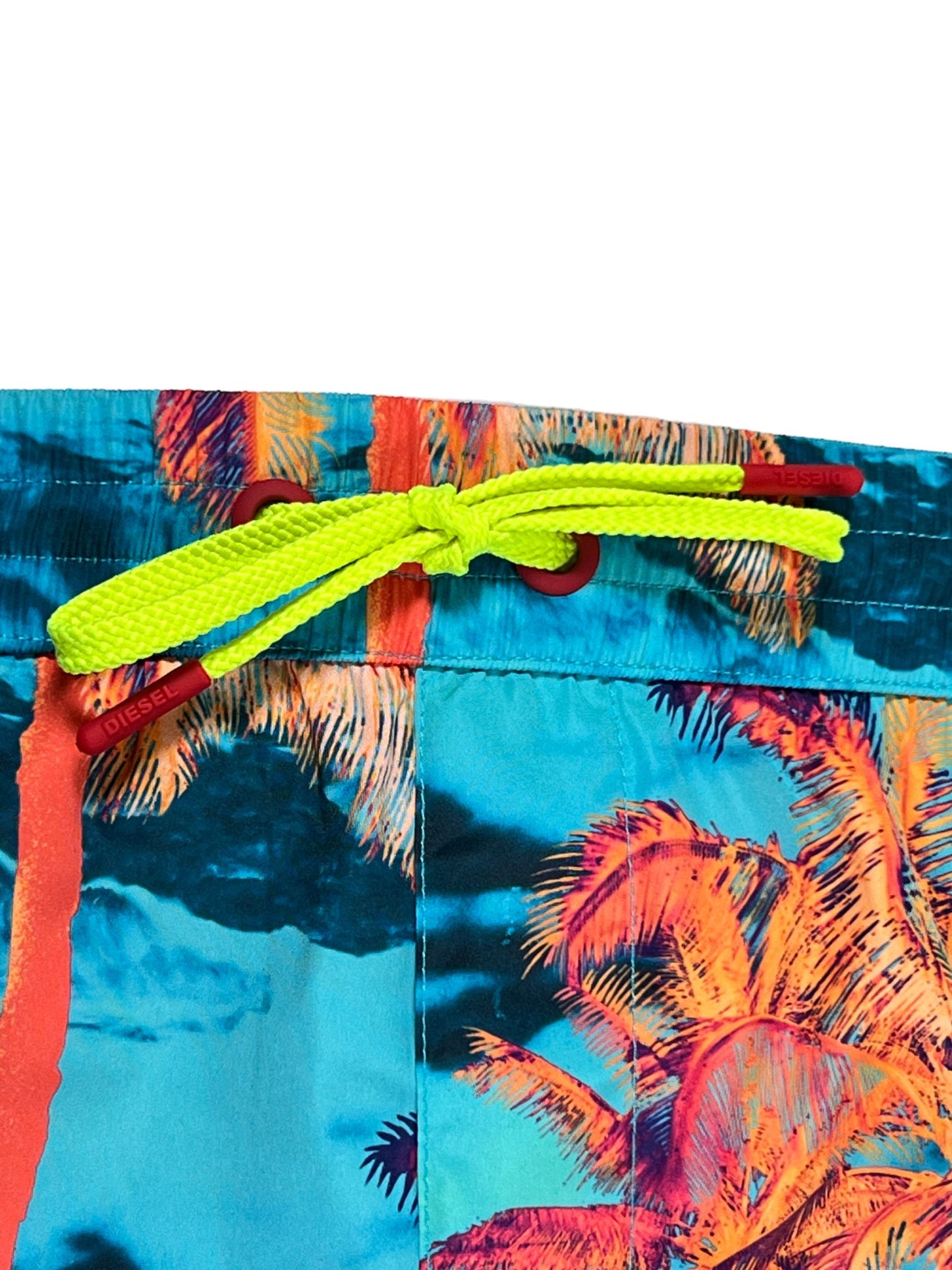 Colorful men's DIESEL BMBX-KEN-37-ZIP BOXER MEDIUM with neon elasticated drawstring waist and tropical print, made from recycled fabric.