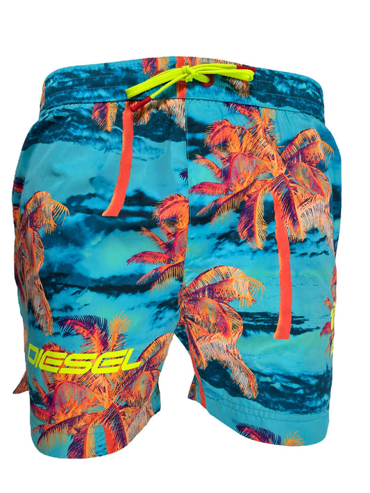 Colorful DIESEL BMBX-KEN-37-ZIP BOXER MEDIUM men's swimming shorts with palm tree print and an elasticated drawstring waist.