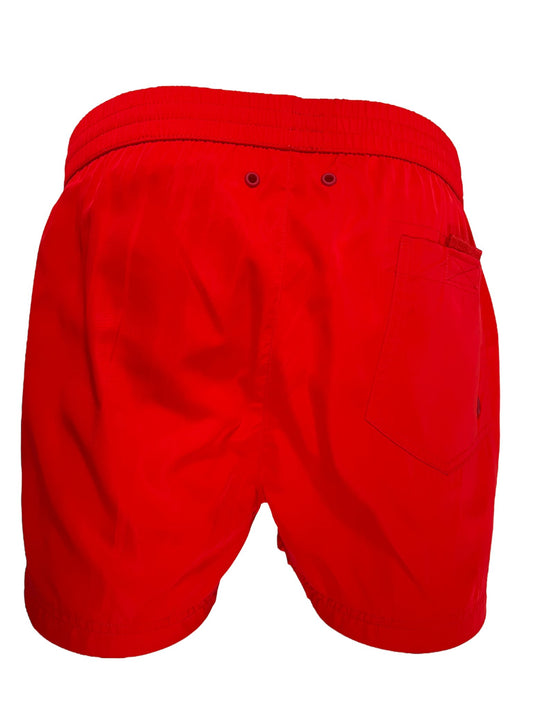 Men's DIESEL BMBX-MARIO-34 SHORT RED swimming shorts with an elastic waistband and a back pocket isolated on a white background.