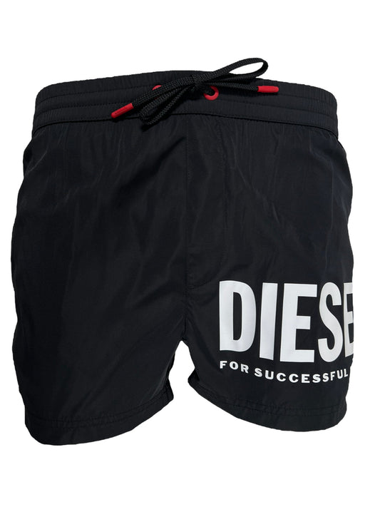 Men's black DIESEL BMBX-MARIO-34 SHORTS swim trunks with white DIESEL logo and drawstring closure, made from 100% Polyester.