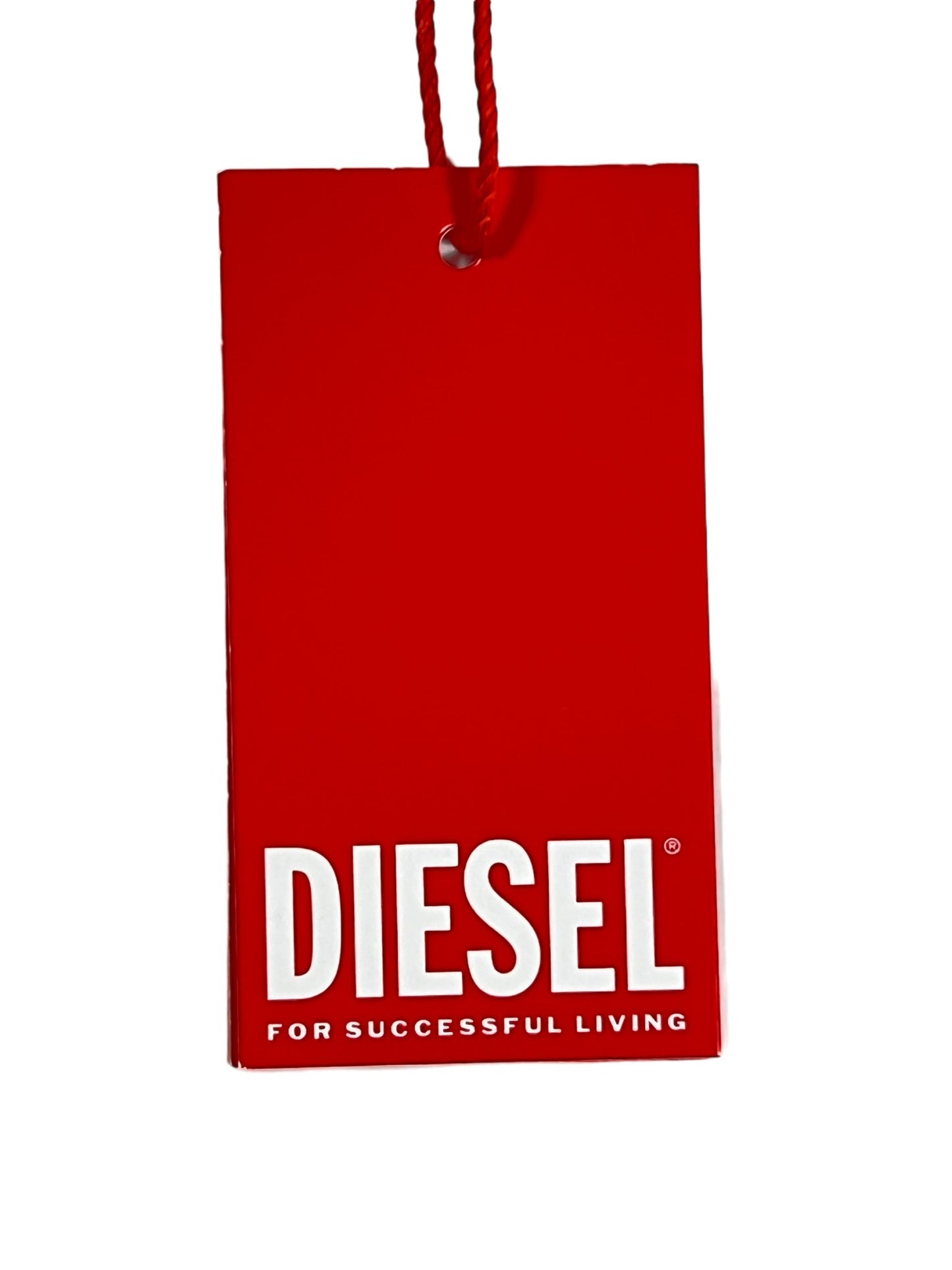 A red DIESEL brand tag with white text, hanging by a red string, against a white background, for men's board shorts.