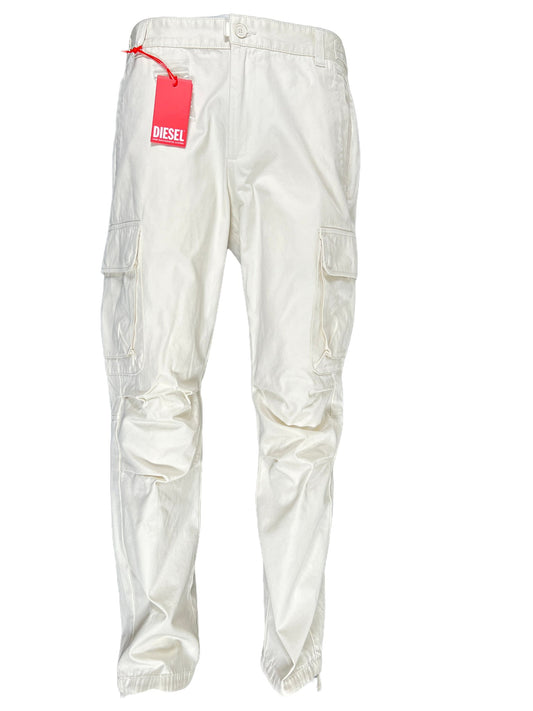 A white DIESEL P-ARGYM cargo pants with cargo pockets and a red tag.