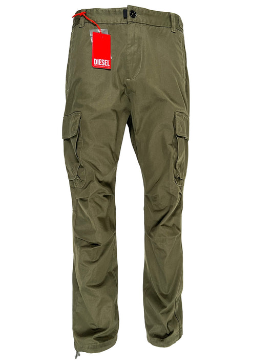 A pair of DIESEL olive P-ARGYM cargo pants with red tag and cargo pockets.