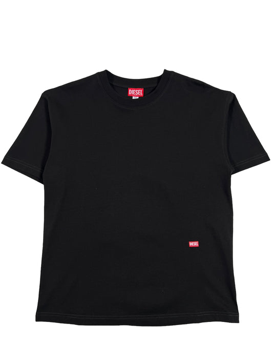 A distressed-effect black DIESEL T-BOXT-N11 T-SHIRT with a red Diesel logo on it.