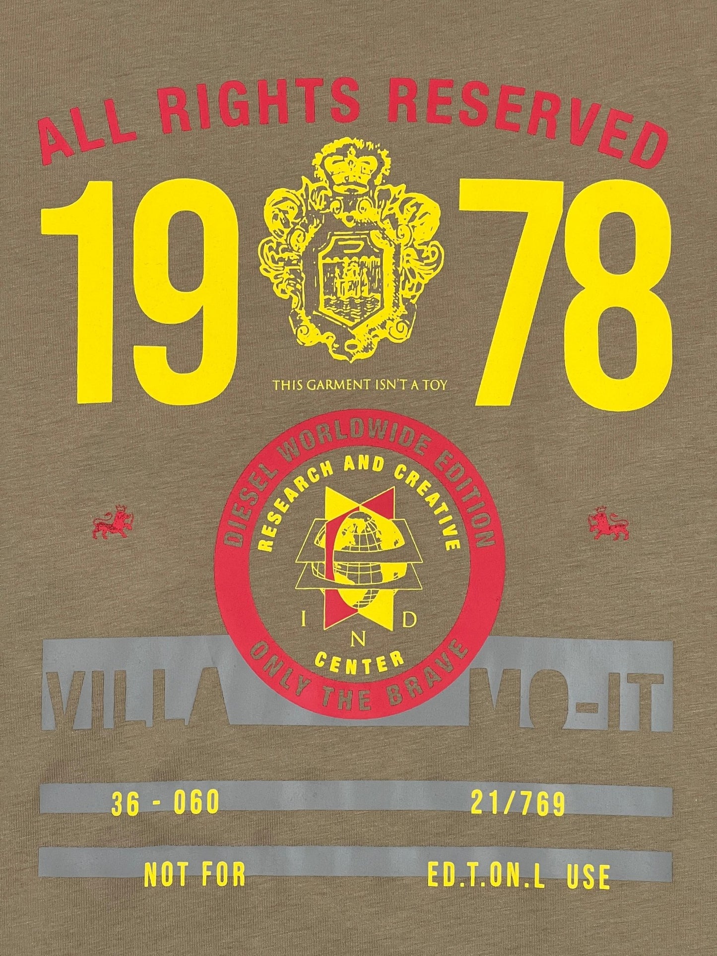 Brown DIESEL T-DIEGOR-K73 T-shirt with graphic print featuring text and emblems in a retro design, emphasizing the year 1978.
