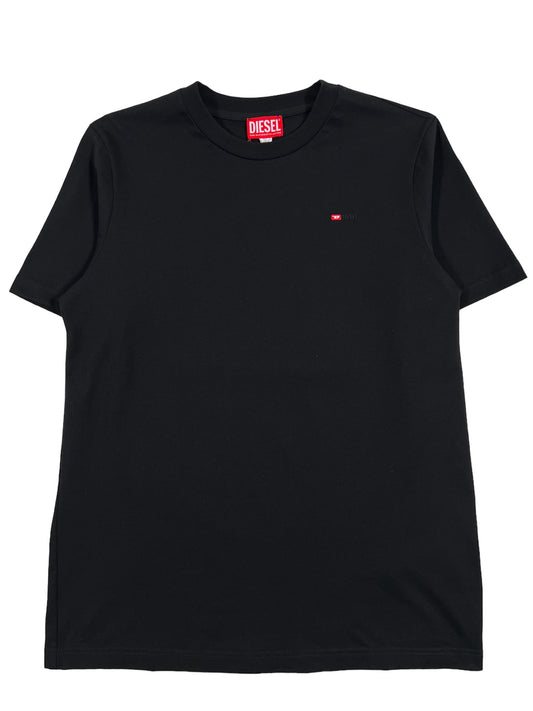 A black cotton DIESEL T-JUST-MICRODIV t-shirt with a red logo on it.