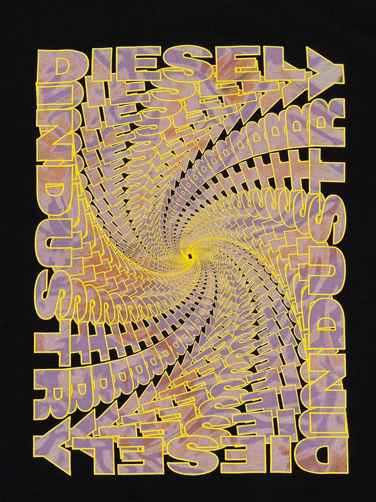 A black DIESEL T-JUST-N12 T-shirt with yellow and purple swirls on it.