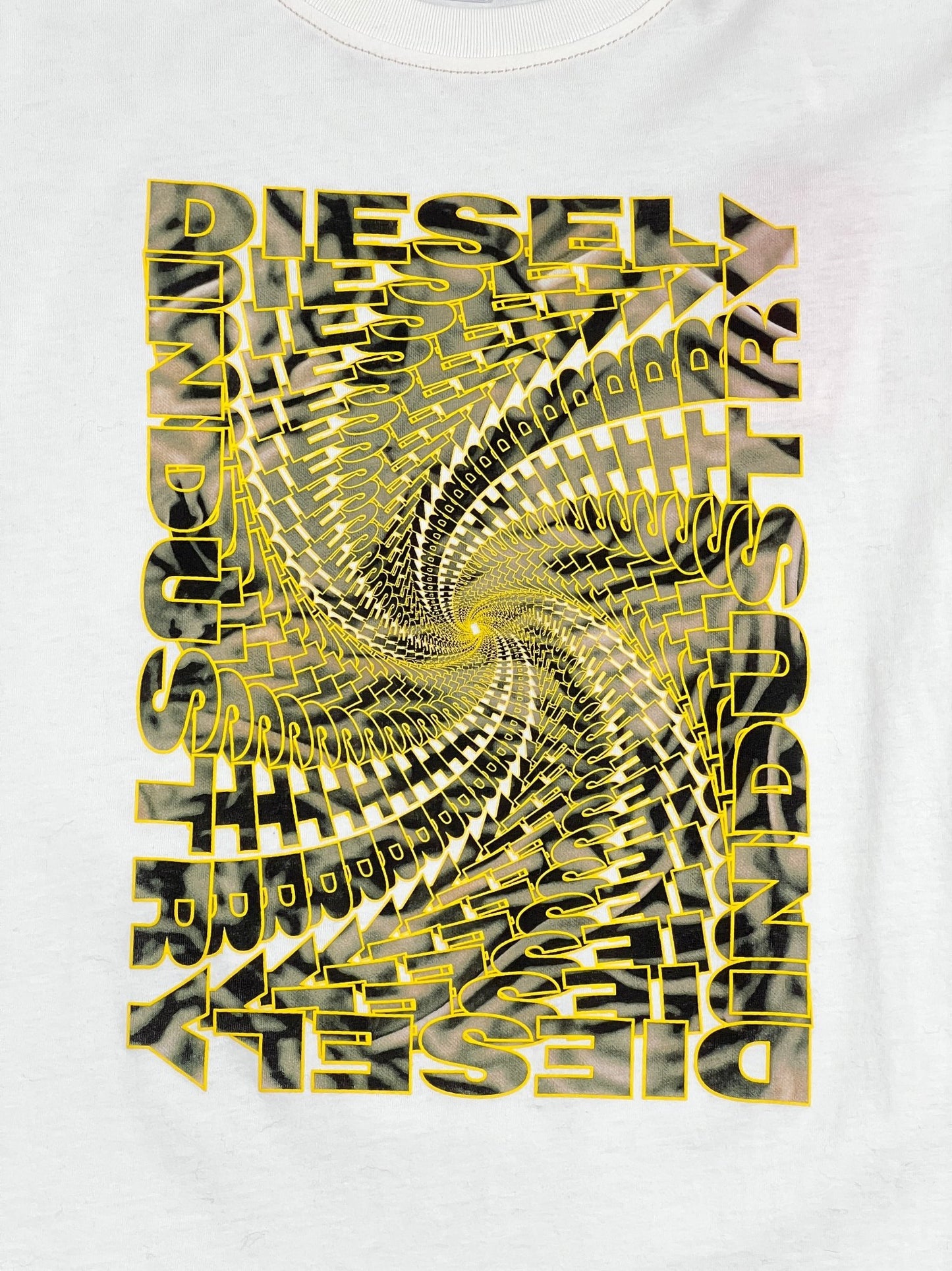A white organic cotton DIESEL T-JUST-N12 T-SHIRT OFF WHITE with yellow and black swirls on it.