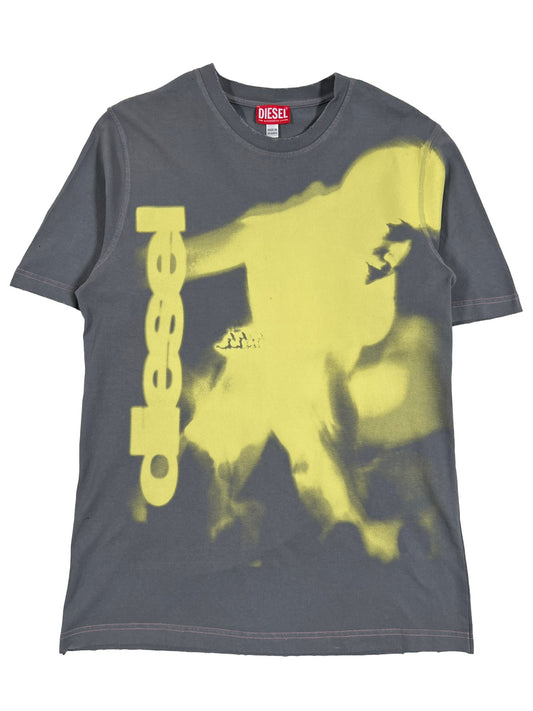 A grey DIESEL Men's T-shirt with an image of a man riding a bike, crafted from comfortable cotton jersey.