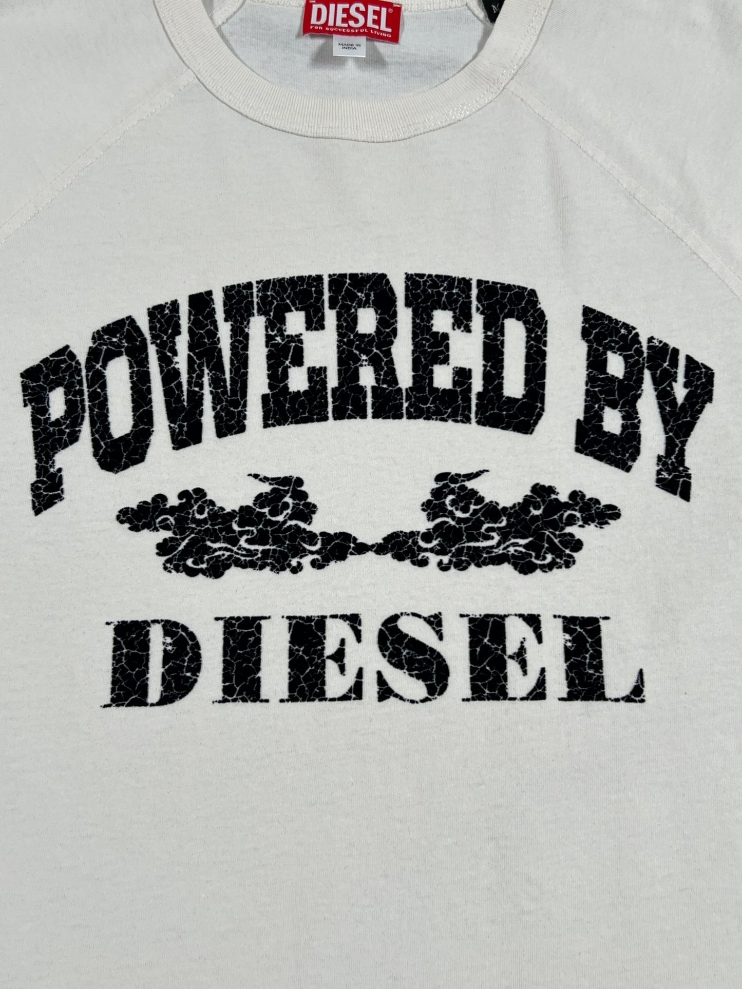 Gray DIESEL T-RUST T-SHIRT WHITE with "powered by diesel" logo printed on the front.