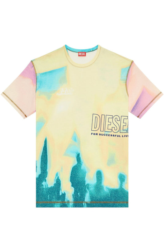 A tee with the Diesel logo graphic print on it. - A DIESEL T-WASH-COLOR T-SHIRT YELLOW with the Diesel logo graphic print on it.